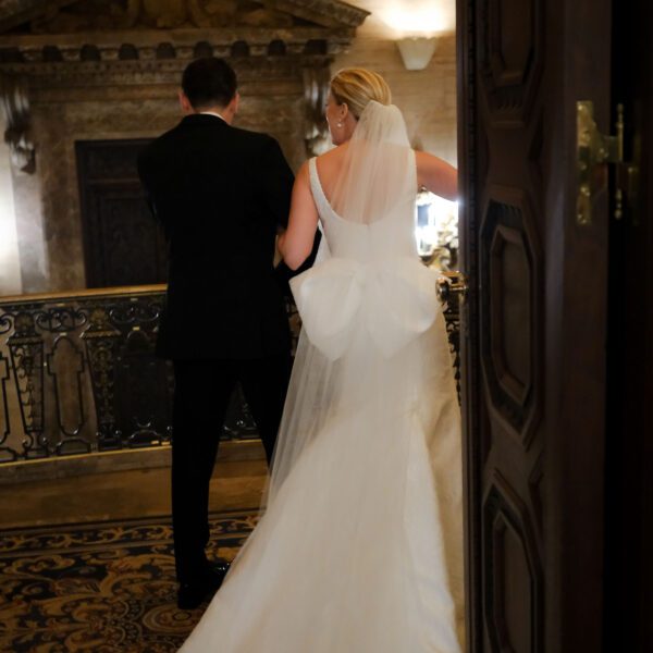 Brittany & David Wedding Atelier Real Bride - Allison Webb Claremont Wedding Dress Sample Sale – Timeless Classic Fit and Flare Bridal Gown with Scoop Neckline, Low Back, and Bow Detail.