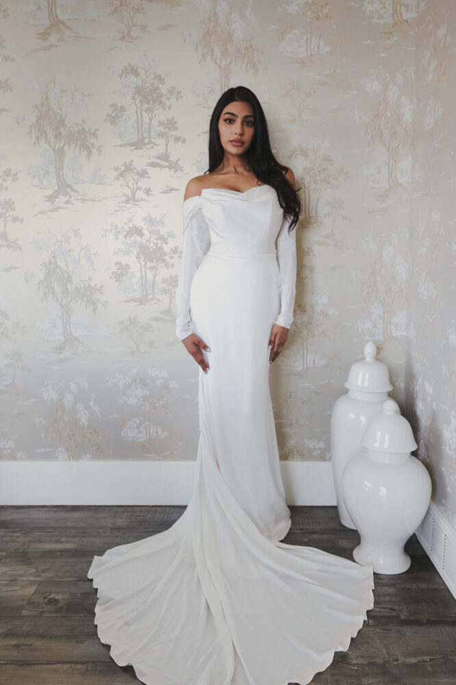 liana satin jacquard shoulder dress in ivory 1664 Wedding - Wedding Atelier NYC Martina simple silk wedding dress