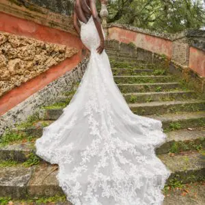 Martina Liana 1713 Wedding Dress - Fit and flare style dress with pearl embellished appliqués over glitter tulle, fitted bodice, v-neckline, and low back.