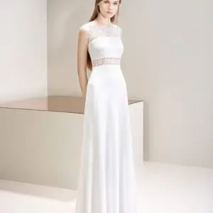 Jesus Peiro 7046 Wedding Dress Sample Sale - Boho Simple A-Line Bridal Gown with Natural Waist, Jewel Neckline, Tank Sleeves, Embellished Illusion, Back Details and Crepe Lace Fabric. Cover