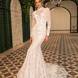 DANY TABET Darryl Wedding Dress - Fit and flare style dress with layered floral laces, high neckline, long sleeves, detailed train and open back detail.