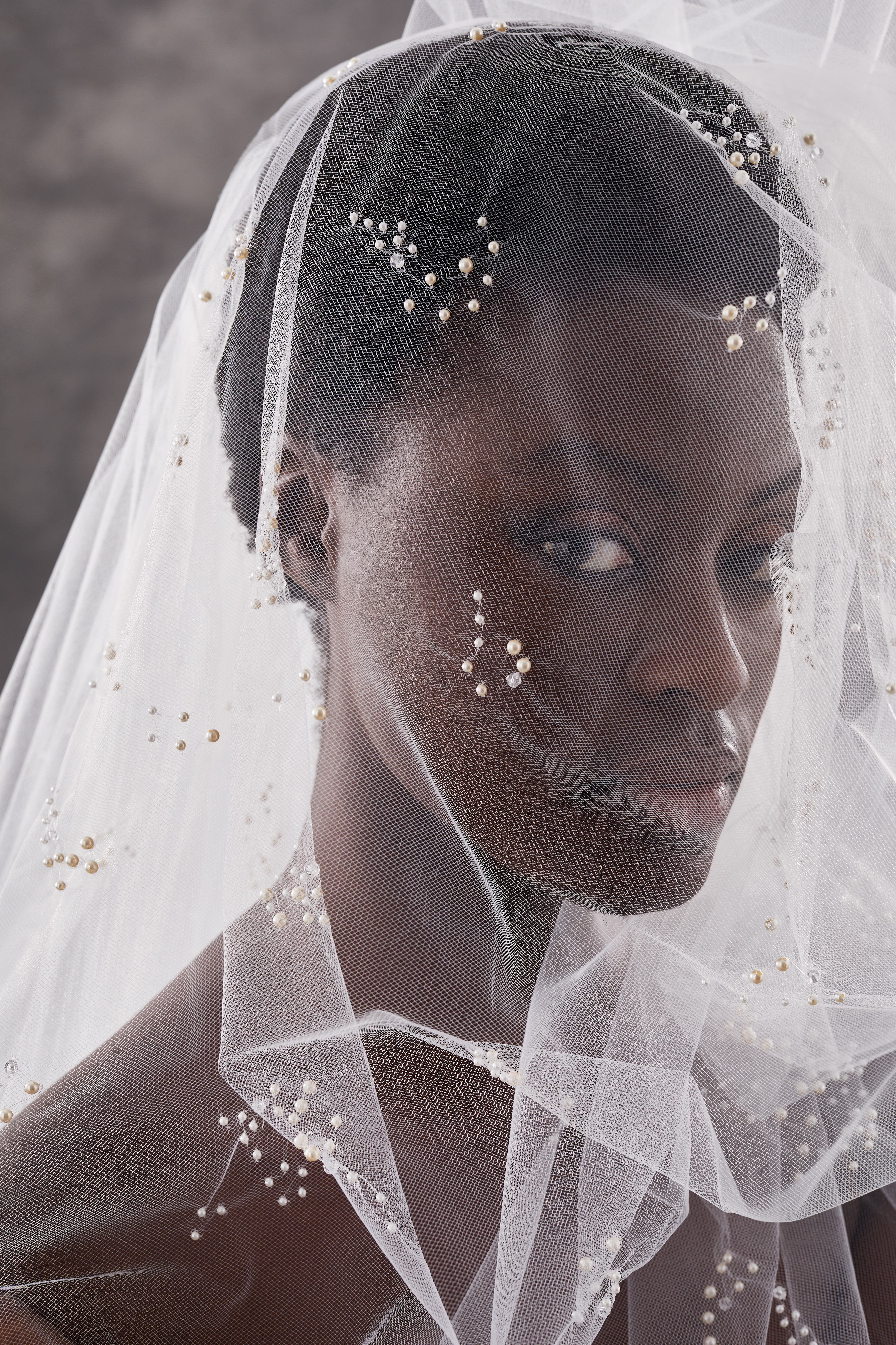 Peter Langner Ruby Wedding Veil - U shaped veil in tulle with no blusher, embroidered with groups of pearls and crystals.