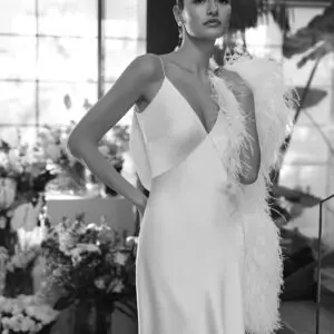 Rosa Clará Mera Wedding Dress - Sheath-style dress featuring a V-neckline, beautiful open back with covered buttons and spaghetti straps.