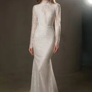 Birenzweig Kristyna Wedding Dress - Fitted mermaid lace style dress with high neckline, tailored sleeves and keyhole opened back. Belt detail.