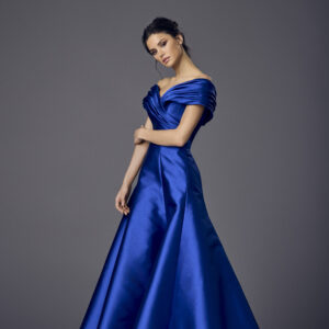 Suzanne Neville Novara Wedding Dress - A Line style dress with off the shoulder sleeves, draped crossed wrap neckline detail, fitted bodice and belt.