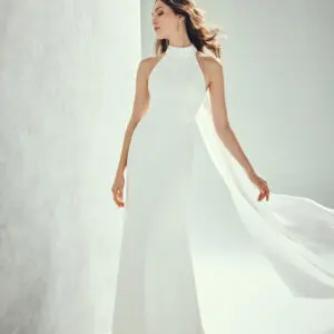 Jesus Peiro 2320 Wedding Dress - Fit and flare style dress in crêpe with Perkins collar, teardrop neck and detachable back veil.