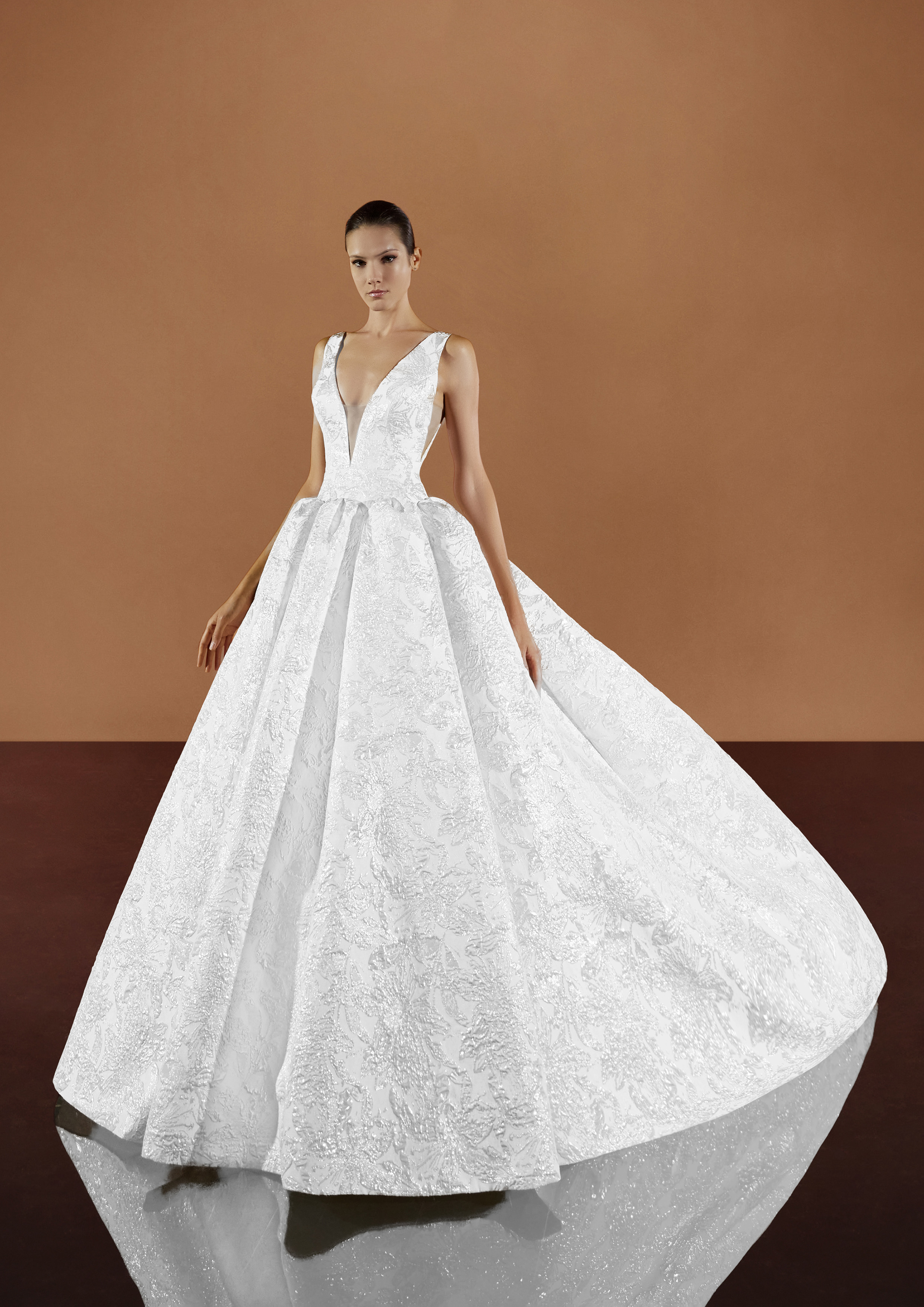 pronovias brown wedding dress Pronovias Selenite Wedding Dress - Strapless Ball Gown with Corset Bodice, Floral Appliqués and Beading - Size 12 main image 1