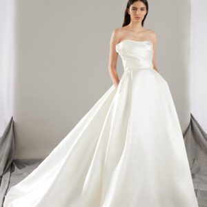 Pronovias Khloe Wedding Dress - Ballgown style dress with a strapless neckline, draped bodice detail, side pockets and elegant train