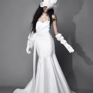 Vera Wang x Pronovias Mckay Wedding dress - Fit and flare mikado style dress with strapless sweetheart neckline, draped fitted bodice, and train.