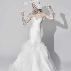 Vera Wang x Pronovias Waves Wedding dress - Fit and flare style dress with strapless sweetheart neckline, tulle skirt, draped bodice detail v-back.