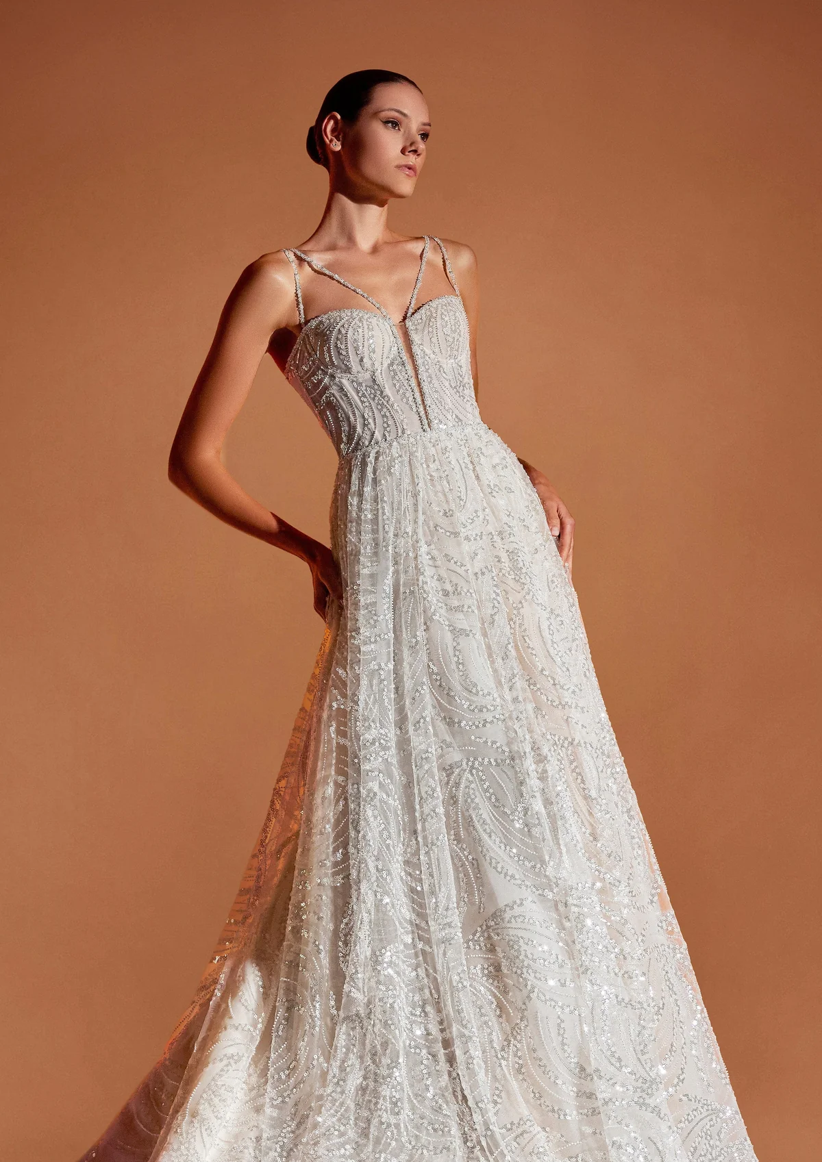 Pronovias Mahall Wedding Dress - A Line with delicate jeweled spaghetti straps, fitted bodice, geometric illusion, sweetheart neckline and cascading skirt.