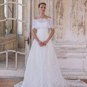 Sareh Nouri Julietta Wedding Dress - French Alencon Lace modified sweetheart neckline A-line gown shown with matching capelet.