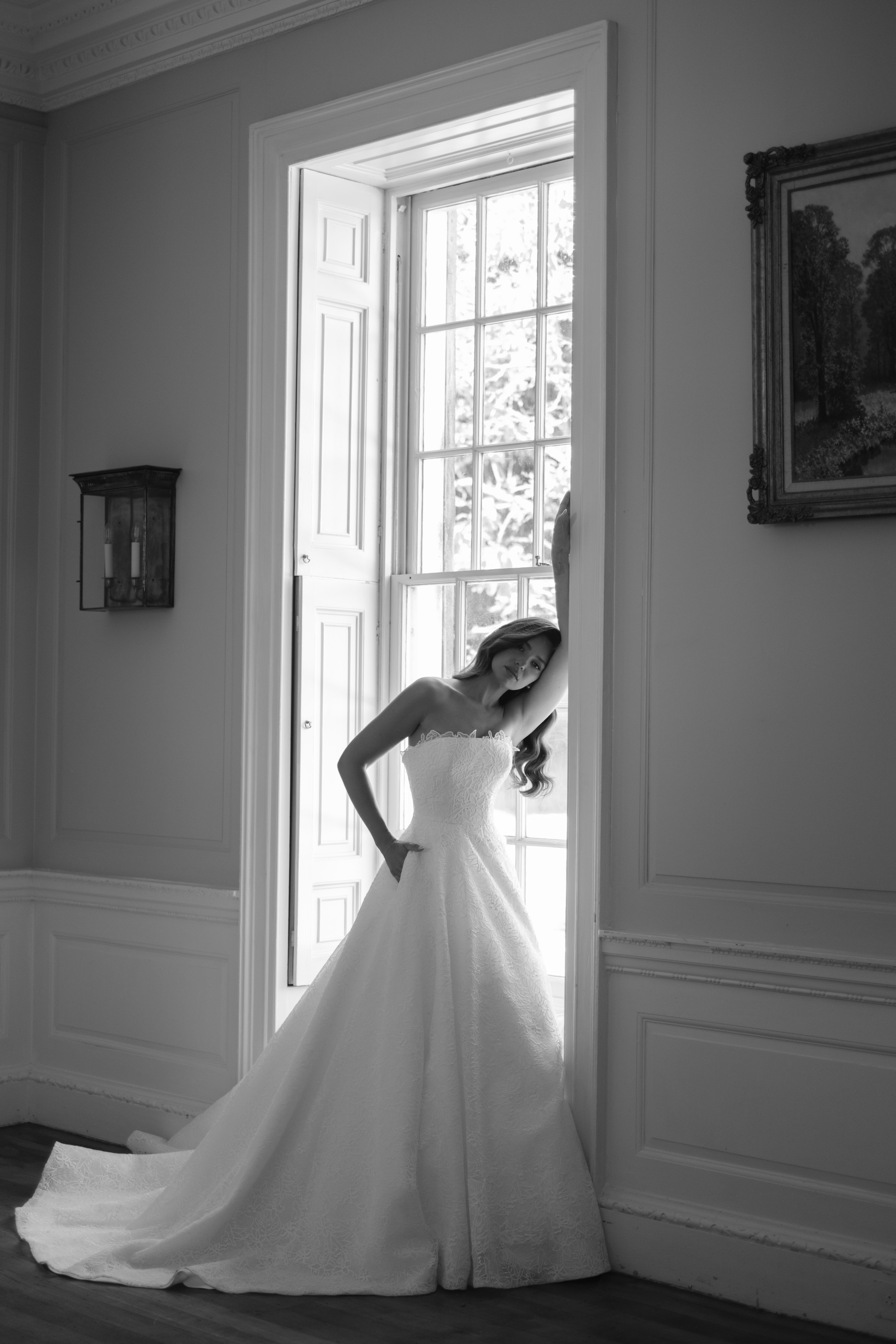 Suzanne Neville Enchanting Wedding Dress - Ballgown style dress with beautiful straight strapless neckline, fitted bodice, and A-Line skirt with allover lace.
