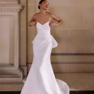 Sareh Nouri Faye Wedding Dress - Italian jacquard tulip neckline hand draped bodice and slim flare skirt with detachable signature bow.