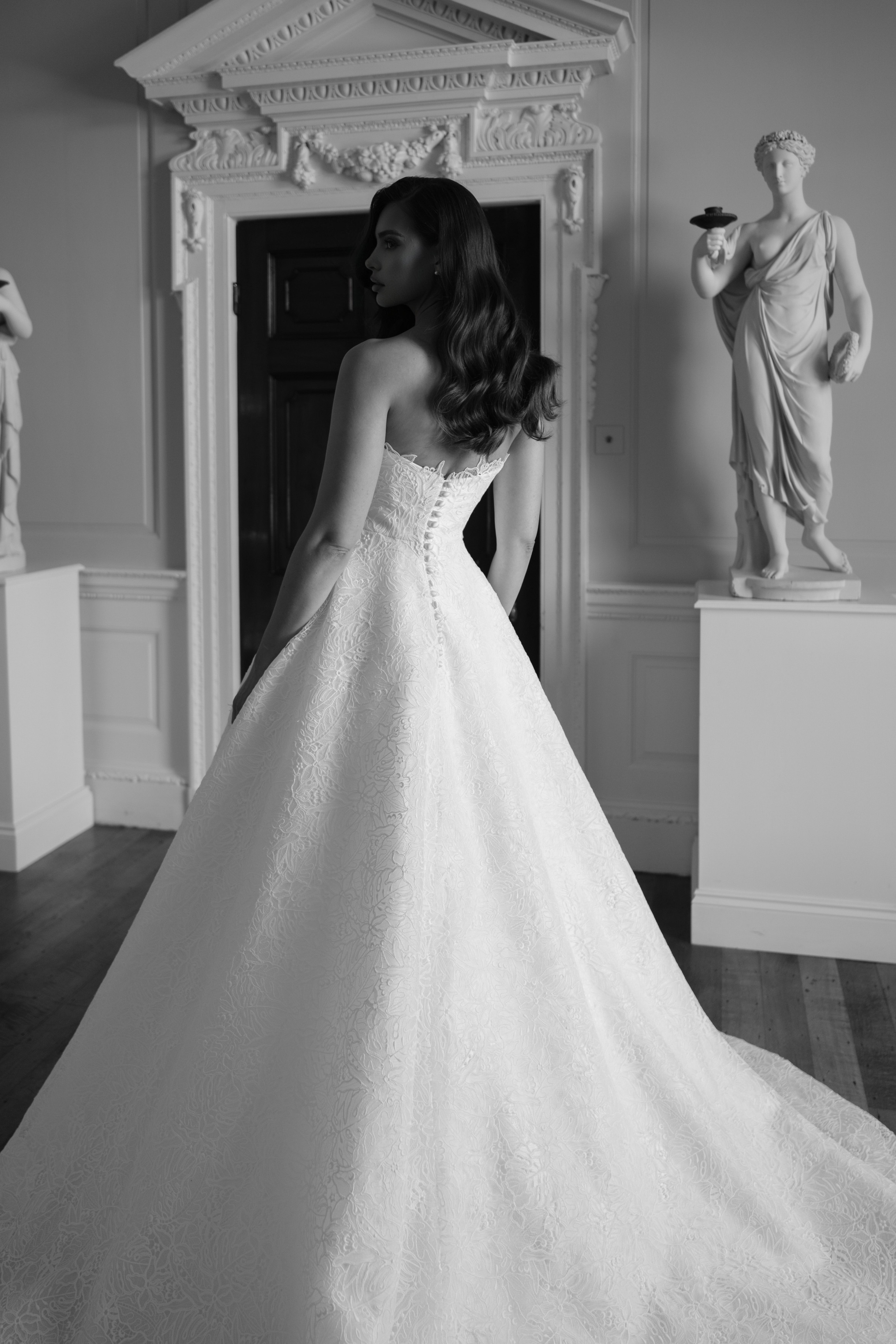 Suzanne Neville Enchanting Wedding Dress - Ballgown style dress with beautiful straight strapless neckline, fitted bodice, and A-Line skirt with allover lace.