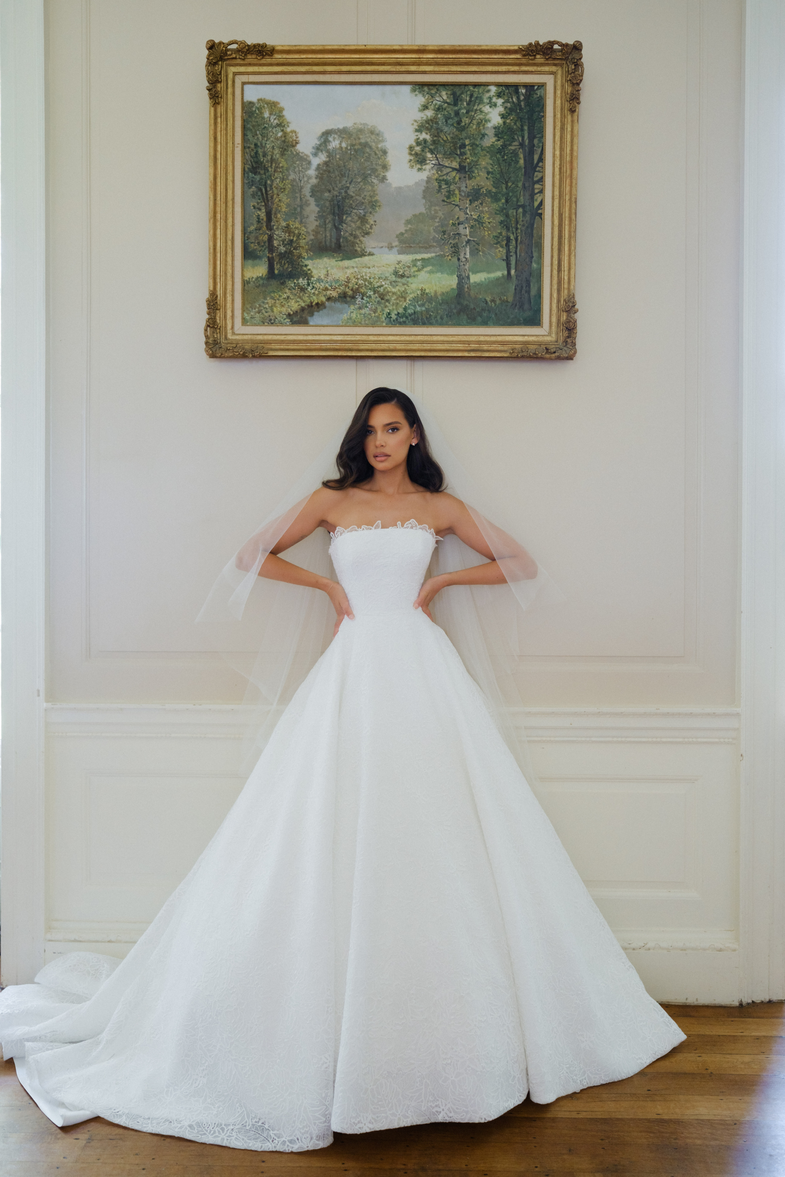 Suzanne Neville Enchanting Wedding Dress - Ballgown style dress with beautiful straight strapless neckline, fitted bodice, and A-Line skirt with allover lace.