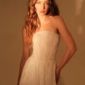 Enaura Colette Wedding Dress - A Line style dress featuring a strapless scoop neckline, floral lace petals, printed lace, for a romantic and timeless look. 