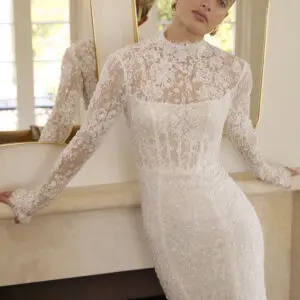 La Premiere Bailey Wedding Dress - Mermaid style enhancing the waist-to-hip curves. Classic and elegant style with high-neckline and long-sleeves.
