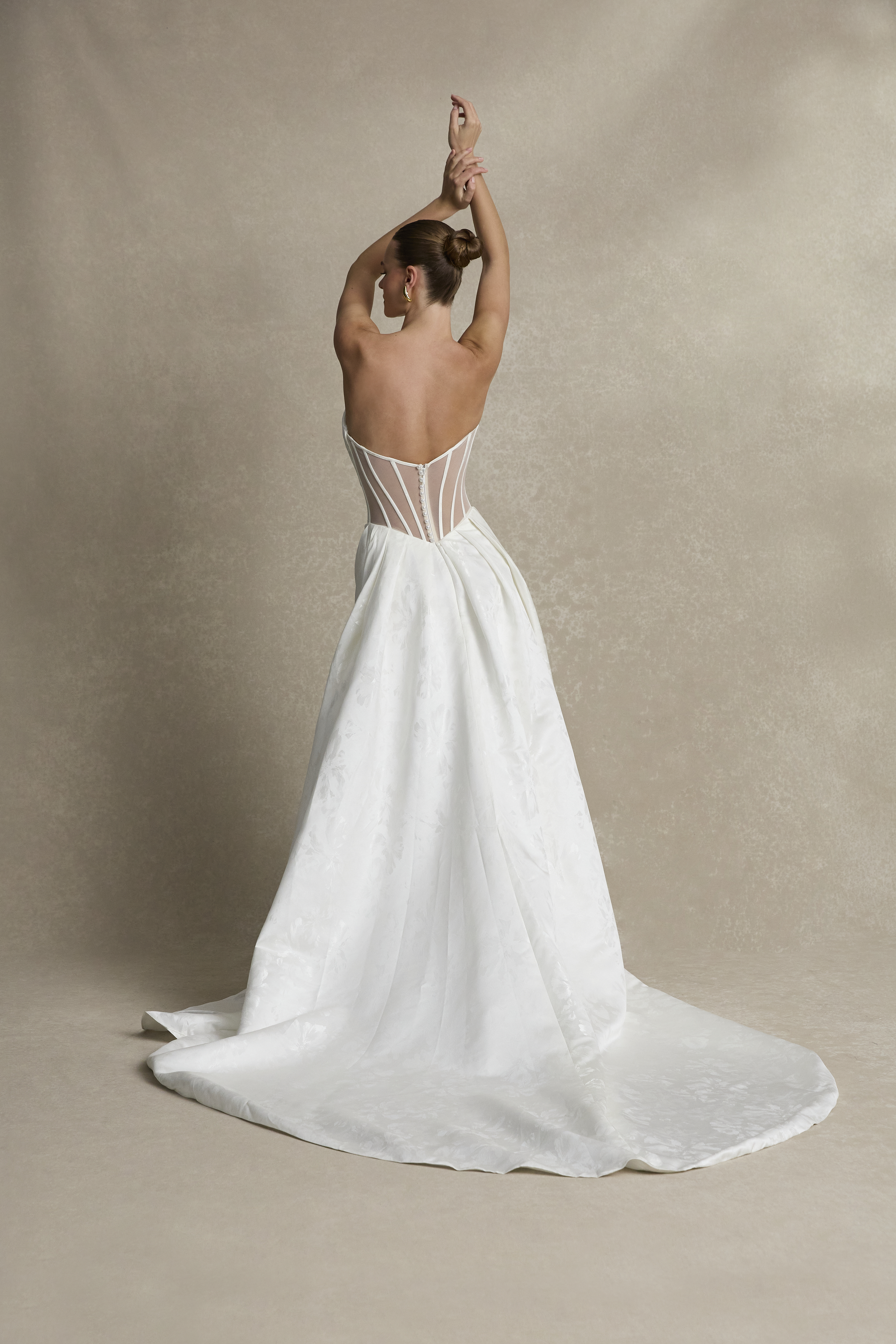 La Premiere Bridget Wedding Dress - Mermaid style dress with open back, exposed boning, classic jacquard fabric, strapless neck with illusion high neckline.