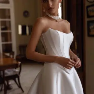 Tina Valerdi Florentina Wedding Dress - Modern Classic Timeless A-Line Bridal Gown with Basque Waist, Strapless Cat-Eye Neckline, Corset Details and, Mikado Fabric.