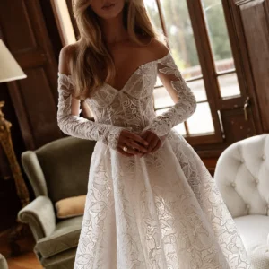 Tina Valerdi Bluebell Wedding Dress - Classic Romantic A-Line Bridal Gown with Natural Waist, Strapless Sweetheart Neckline, Off The Shoulder, Corset Details and, Lace Fabric.