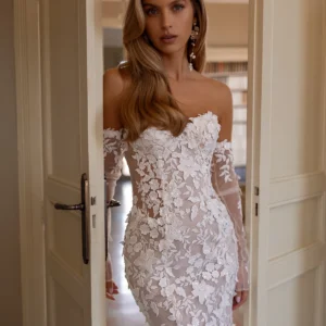 Tina Valerdi Calanthe Wedding Dress - Sexy Corsetry Mermaid Bridal Gown with Natural Waist, Sweetheart Neckline, Detachable Sleeves and, 3D Florals Fabric.