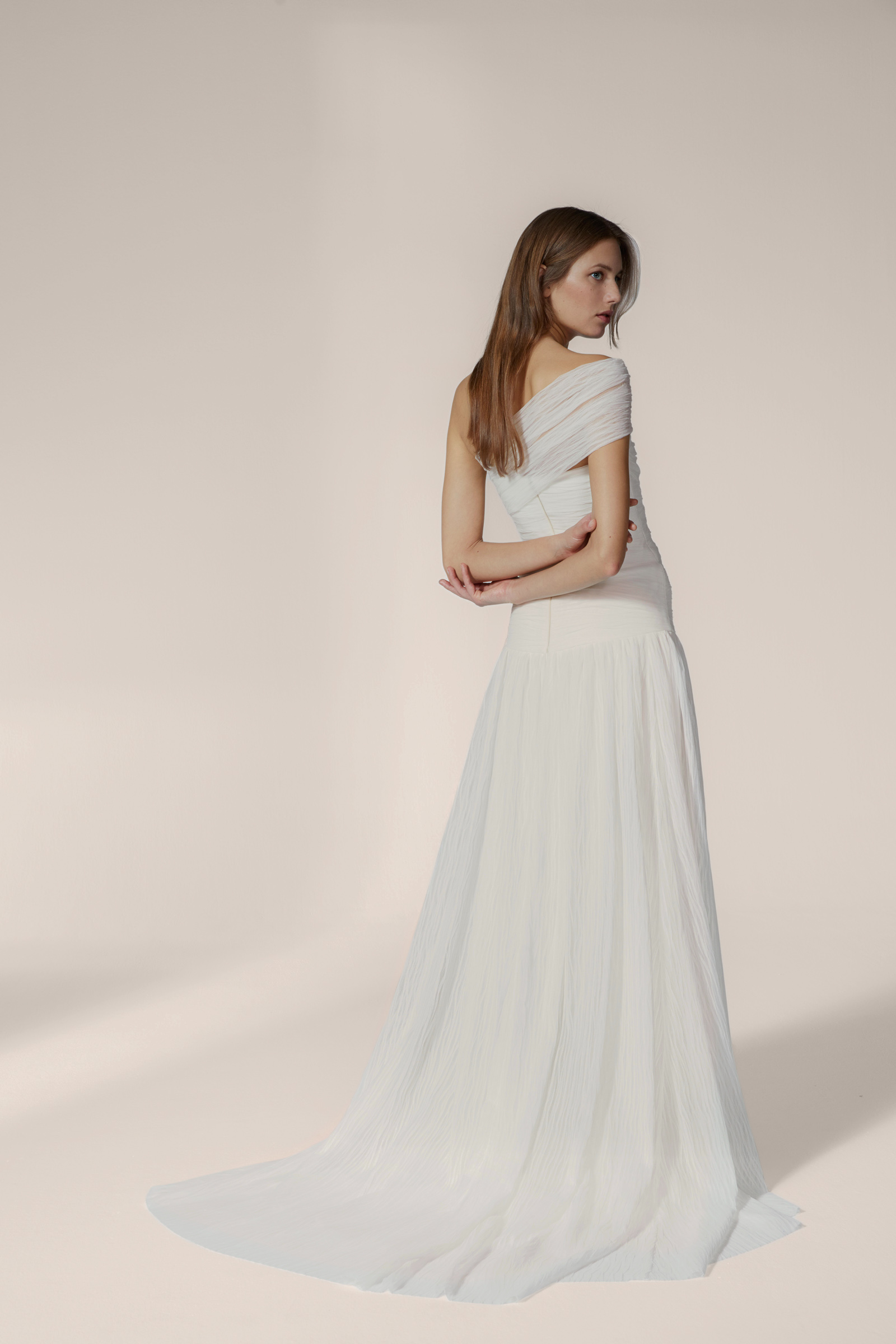 Jesus Peiro 2655 Wedding Dress - Dropped waist dress in rustic gauze with a draped bodice and detachable asymmetrical sash.