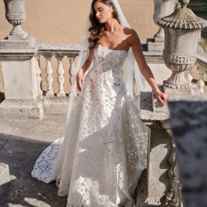 Suzanne Neville Divine Wedding Dress - Classic Romantic Bridal Gown with Natural Waist, Strapless Sweetheart Neckline, Floral Detail with Floral Lace Fabric