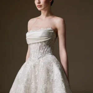 La Premiere Clementine Wedding Dress - Modern Romantic Bridal Gown with Basque Waist, Straight Strapless Neckline, Beaded, Embroidery and Pleated detail with Satin and Lace Fabric