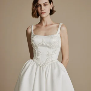 La Premiere Calluna Wedding Dress - Glamorous Romantic Bridal Gown with Basque Waist, Square Neckline, Straps, Floral Detail, Low Back and Satin Fabric