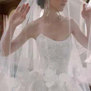 Sareh Nouri Emerson Wedding Dress - Romantic Modern Bridal Gown with Drop Waist, Illusion High Neck, Cat-Eye Neckline, Detachable Long Sleeves, Embroidery Detail and, Lace Fabric.