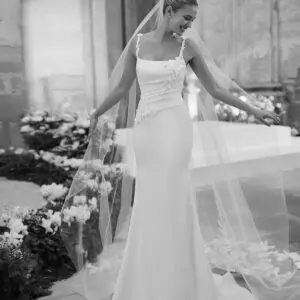 Rosa Clará Maca Wedding Dress - Beach Sexy Modern Mermaid Bridal Gown with Asymmetrical Waist, Squared Neck, Spaghetti Straps, Floral, Draping and Rouching Details in Crepe Fabric. 