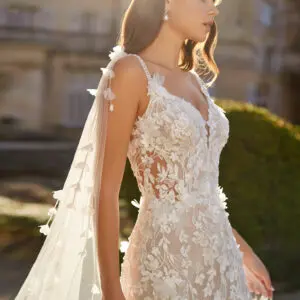 Rosa Clará Vetle Wedding Dress - Romantic Bohemian Fit and Flare Bridal Gown with Natural Waist, V-Neck, Plunging Neckline, Spaghetti Straps, Back Details, Bling, Beaded and 3D Floral Fabric.