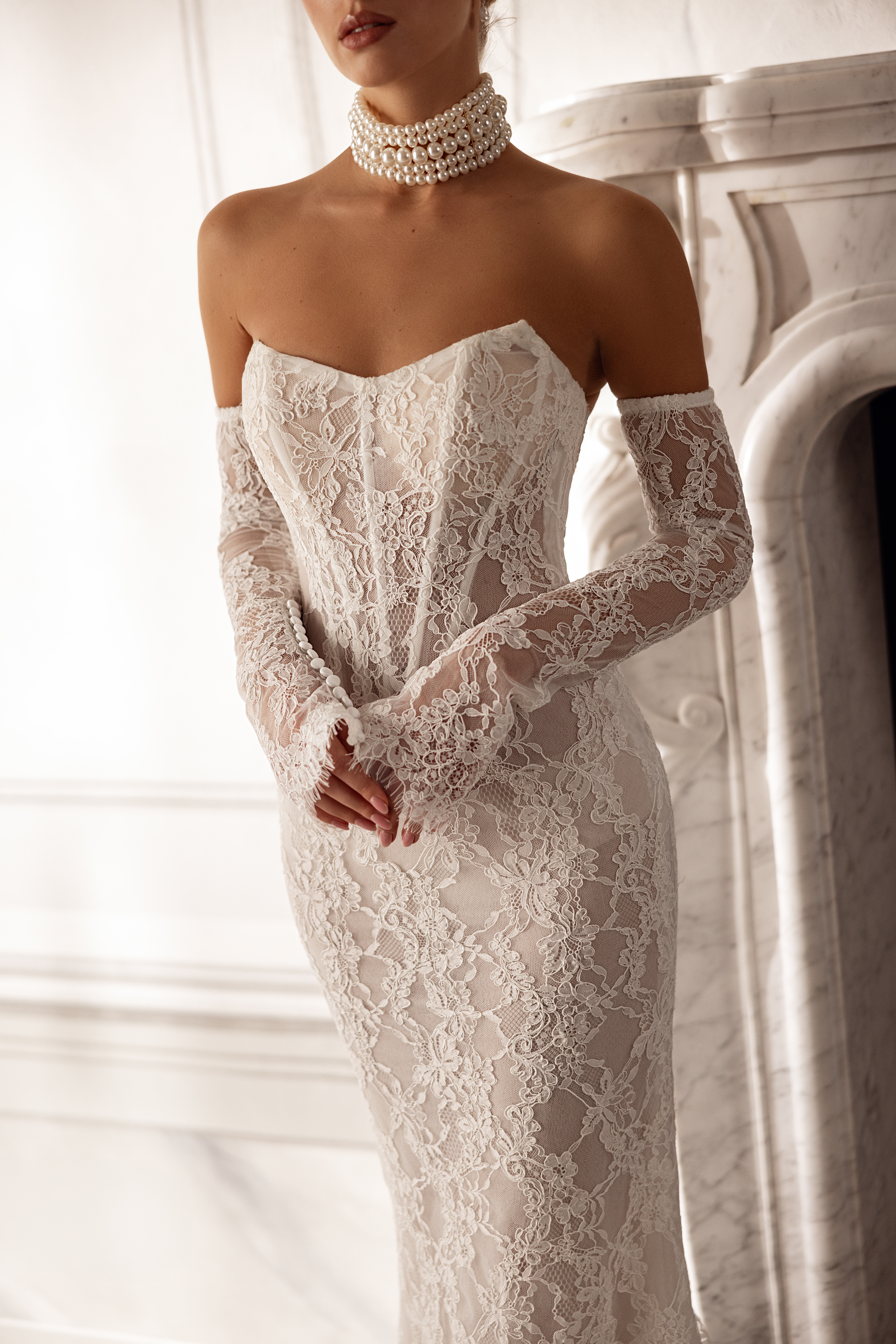 Boho Classic Fit and Flare Bridal Gown with Drop Basque Waist, Strapless Cat-Eye Neckline, Detachable Sleeves, Corset Details and Lace Fabric