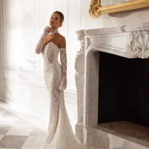 Boho Classic Fit and Flare Bridal Gown with Drop Basque Waist, Strapless Cat-Eye Neckline, Detachable Sleeves, Corset Details and Lace Fabric