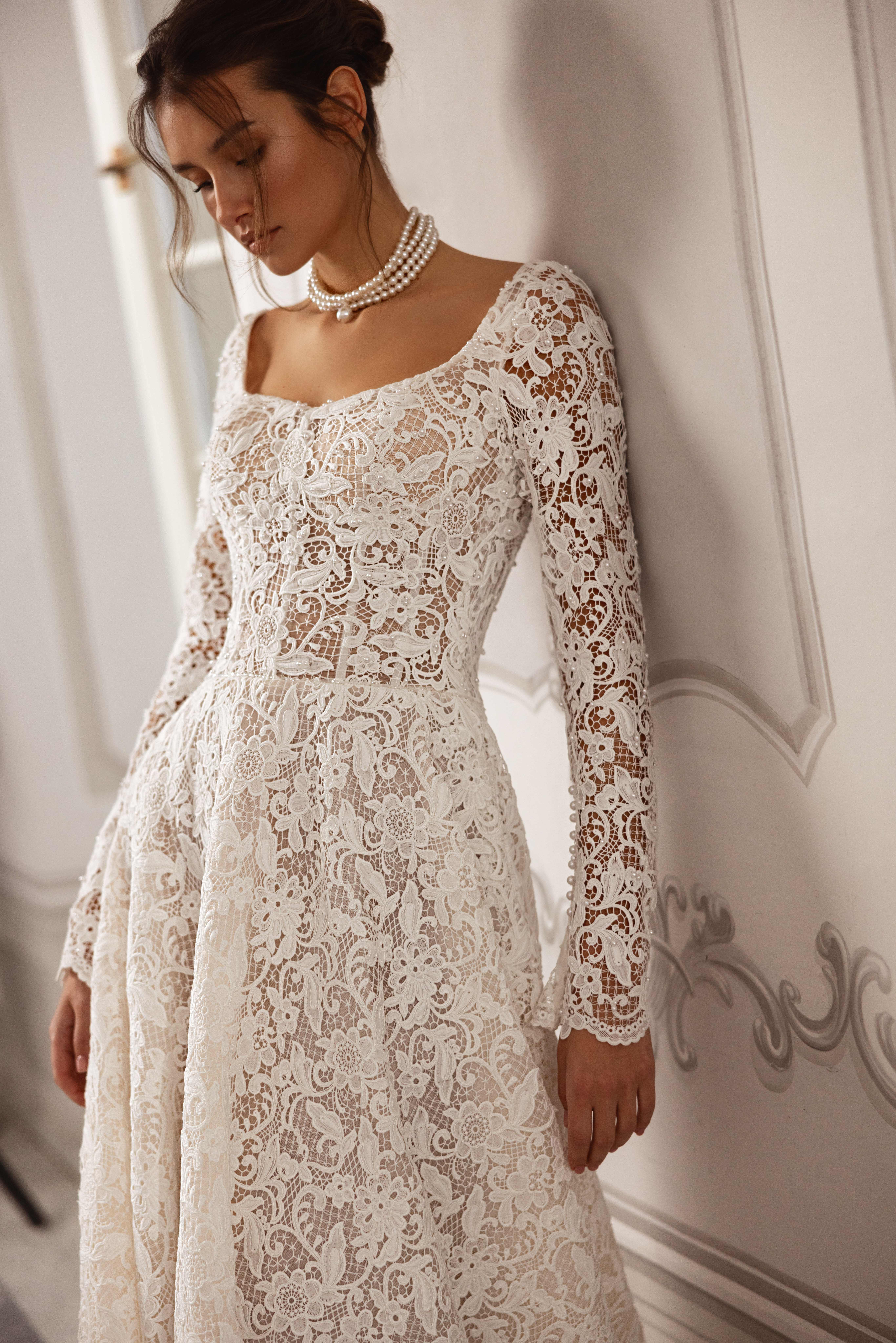 knee length dresses for ladies Long Sleeve Lace Floral Formal Dress by LaDivine CD233 – The Dress Outlet main image 1