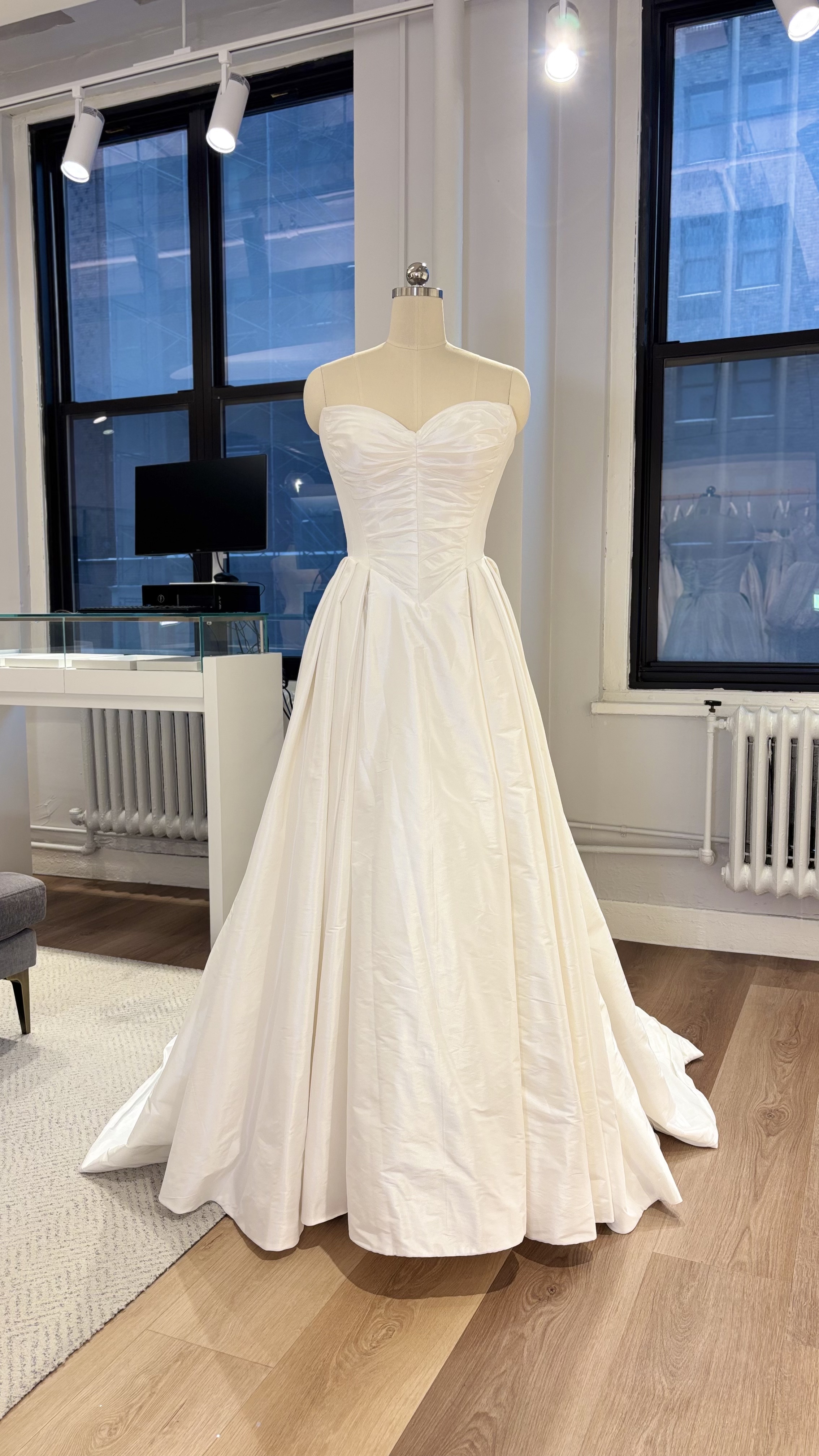 La Premiere Blake Wedding Dress - Classic Modern A-Line Bridal Gown with Basque Waist, Sweetheart Neckline, Cat-Eye, Detachable Sleeves, Pleated Detail and Taffeta Fabric.
