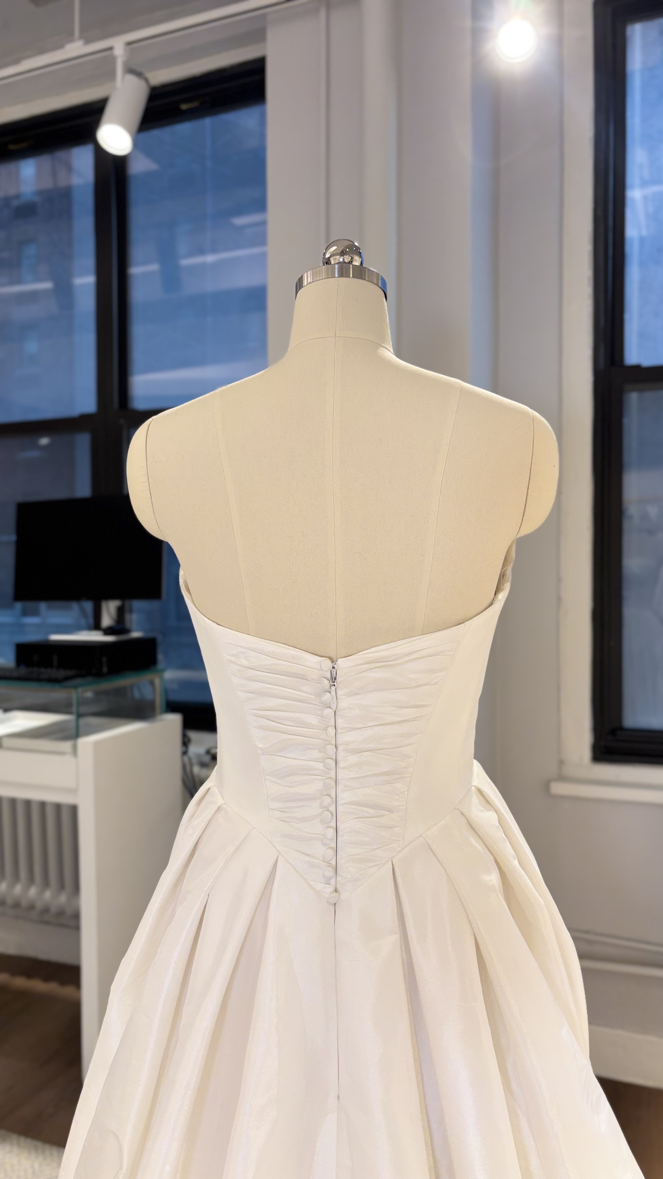 La Premiere Blake Wedding Dress - Classic Modern A-Line Bridal Gown with Basque Waist, Sweetheart Neckline, Cat-Eye, Detachable Sleeves, Pleated Detail and Taffeta Fabric.