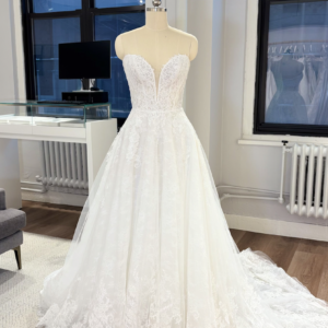 La Premiere Corinne Wedding Dress - Modern Romantic A-Line Bridal Gown with Natural Waist, Illusion High Neck, Sweetheart Neckline, Tank Sleeves and, Lace Fabric.