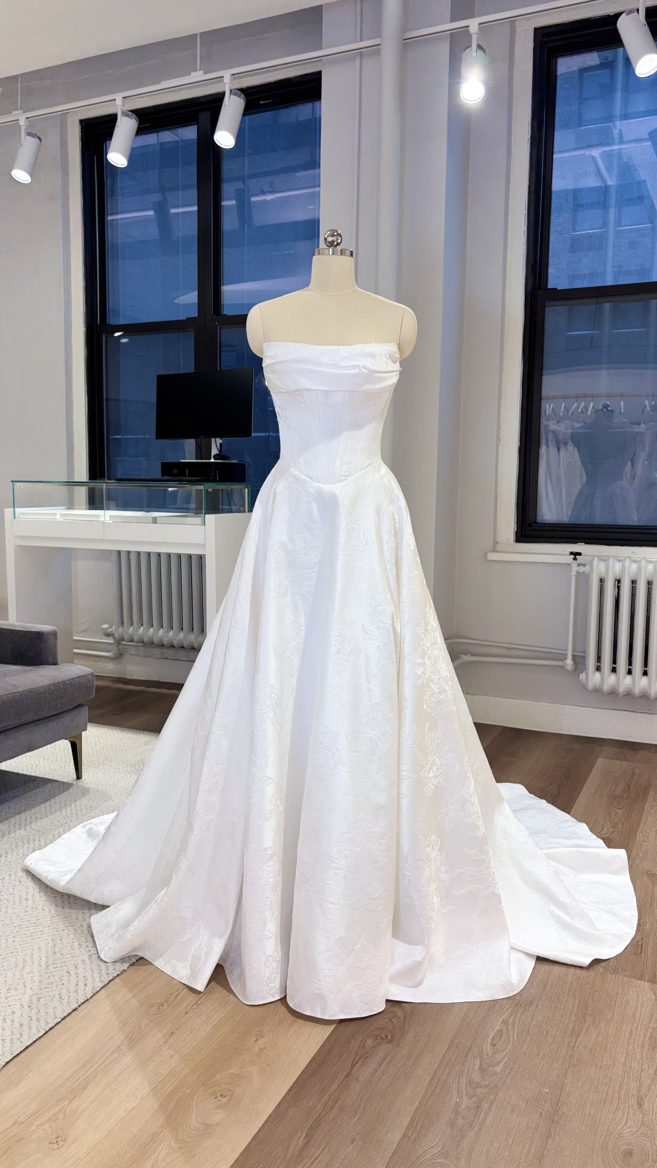 jacquard wedding dress T262064 Contemporary and Romantic Grace A-line Gown with Boned Corset Bodice and Sweetheart Cat Eye Neckline The Aline silhouette flatters every figure Textured Jacquard Wedding Dresses |