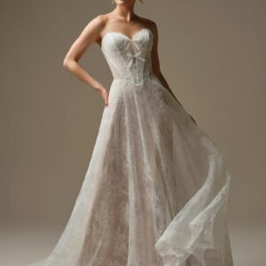 Sottero & Midgley Granger Wedding Dress - Romantic Sexy Glamorous A-Line Bridal Gown with Basque Waist, Plunging Cat-Eye Sweetheart Neckline, Detachable Sleeves, Bow, Corset Details and Lace Fabric. 