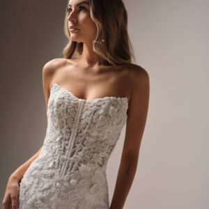 Sottero & Midgley Halle Wedding Dress - Sexy Romantic Fit and Flare Bridal Gown with Basque Waist, Cat-Eye Neckline, Strapless, Beaded Embellished Illusion Details and Floral, Beaded Lace Fabric.