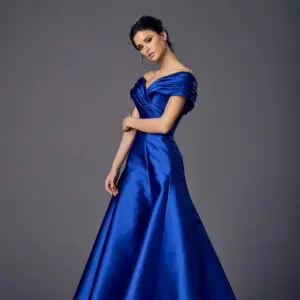 Suzanne Neville Novara Wedding Guest Dress - Timeless Classic A-Line Evening Dress with Natural Waist, Off the Shoulder Neckline, Rouching, Buttons Details and Satin Fabric.