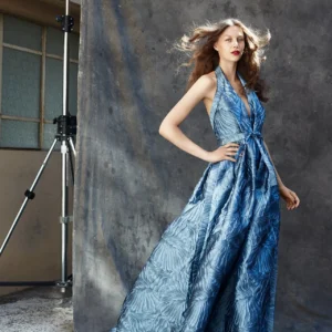 Peter Langner 180014 Wedding Guest Dress - Modern Timeless Classic A-Line Evening Gown with Natural Waist, Plunging V-Neck, Tank Sleeves, Low Back Details and Silk Jacquard Fabric with 3D Floral Fabric.