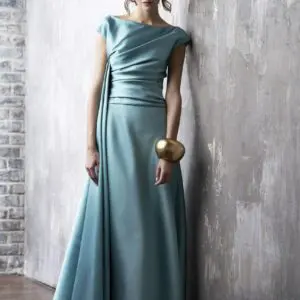 Peter Langner 260022 Wedding Guest Dress - Clean Modern A-Line Evening Dress with Drop Waist, Bateau Neckline, Cap Sleeves, Pleated Rouching Bodice in Silk Mikado Fabric.