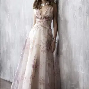 Peter Langner 260024 Wedding Guest Dress - Romantic Timeless Classic A-Line Evening Dress with Natural Waist, Plunging V-Neck, Sleeveless, Pleated, Low Back Details in Crinoline Fabric.