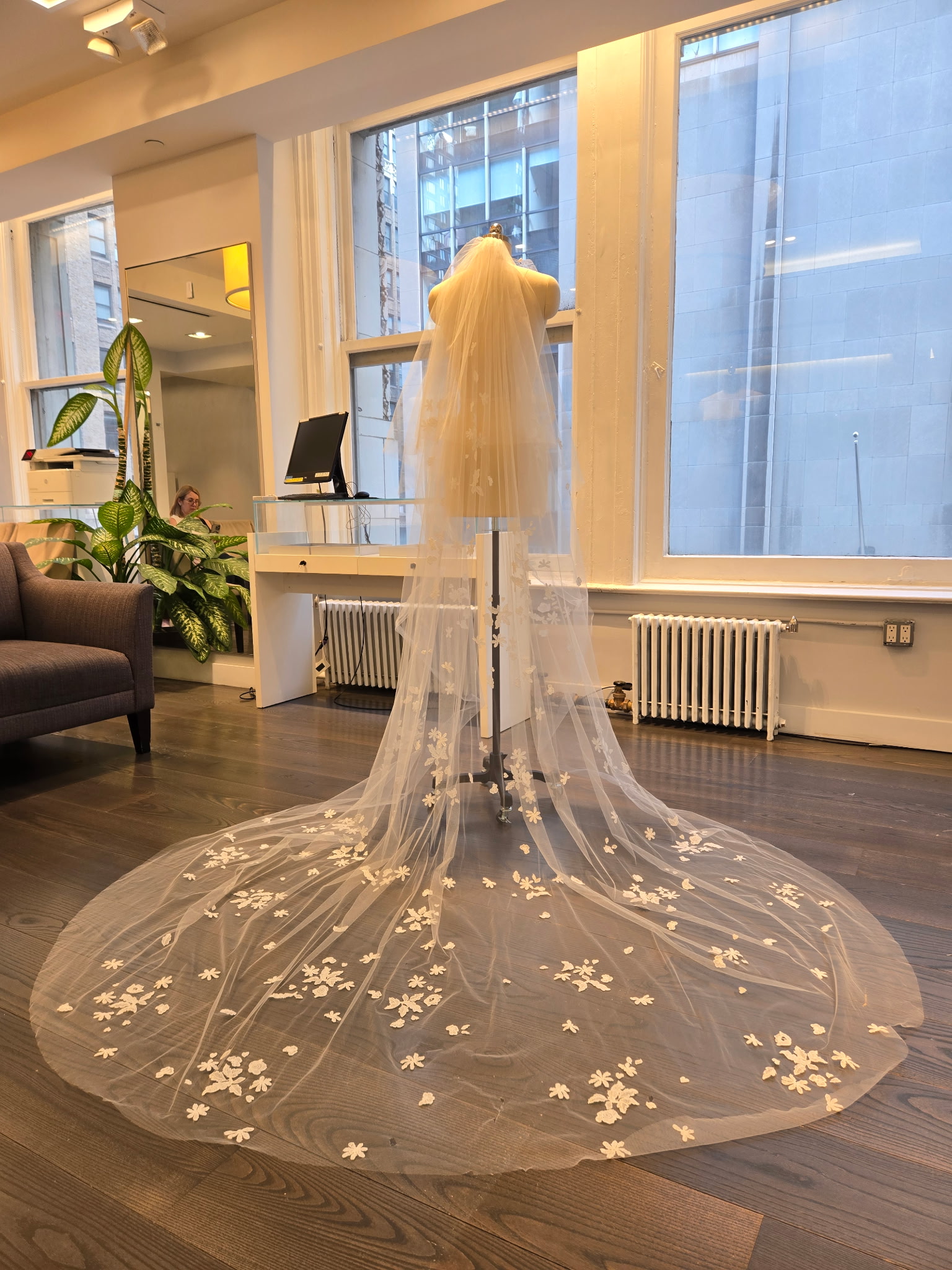 Peter Langner 1632 Wedding Veil - Oval Shaped Veil in Tulle Fabric with Petal Lace Detail and Blusher.