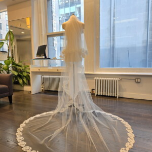 Peter Langner 1451 Wedding Veil - Oval Shaped Veil in Tulle Fabric with Floral Lace Trim and Blusher.