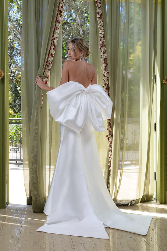 Estee Couture Kylie Wedding Dress - Classic Modern Fit and Flare Bridal Gown with Natural Waist, Strapless Straight Neckline, Bow Details in Mikado Fabric