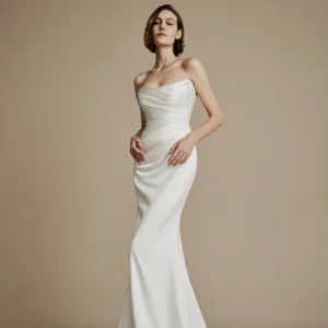 La Premiere Cypress Wedding Dress - Romantic Sexy Fit and Flare Bridal Gown with Drop Waist, Asymmetrical Cat-Eye Soft Sweetheart Neckline, Draping Details in Satin Fabric. Cover Image